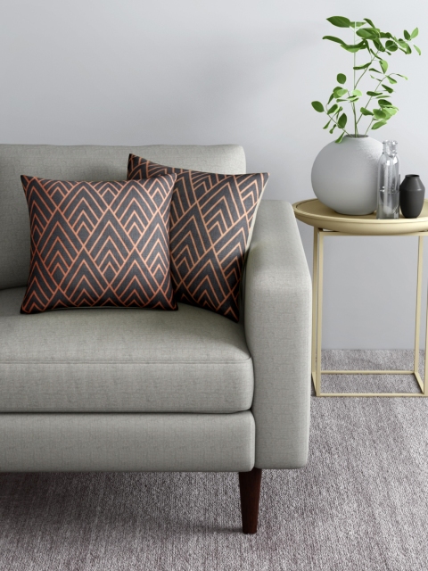 

Aura Set of 2 Charcoal Grey & Orange Geometric Printed Square Cushion Covers