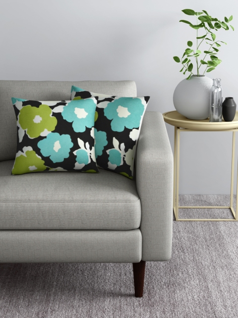 

Aura Set of 2 Black & Blue Floral Square Cushion Covers