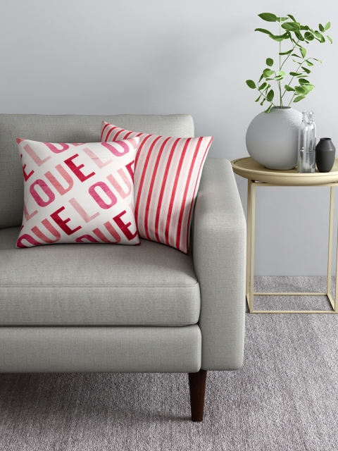

Aura Set of 2 Printed & Striped Square Cushion Covers, White