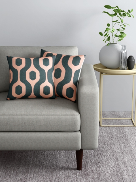 

Aura Set of 2 Peach-Coloured & Charcoal Grey Geometric Print Square Cushion Covers