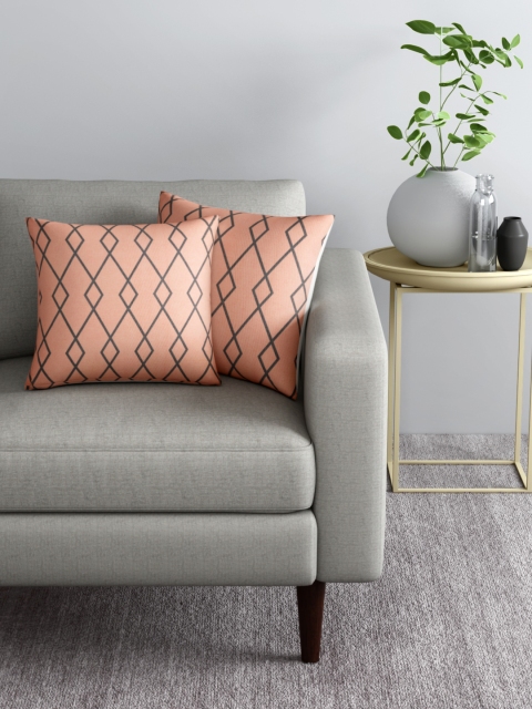 

Aura Set of 2 Peach-Coloured & Charcoal Grey Geometric Printed Square Cushion Covers