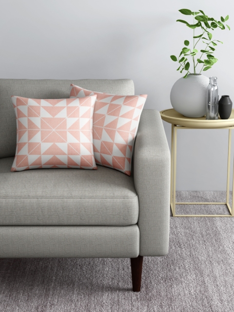 

Aura Set of 2 Peach-Coloured & White Geometric Printed Square Cushion Covers