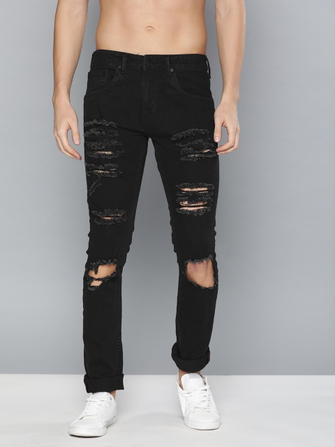 

HERE&NOW Men Black Skinny Fit Low-Rise Highly Distressed Stretchable Jeans