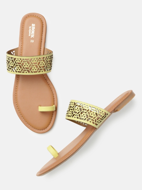 

Anouk Women Yellow Cut Work Detailed One Toe Flats