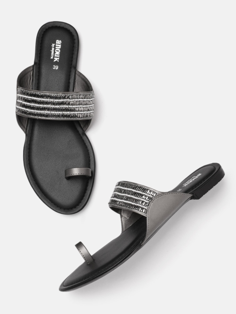 

Anouk Women Gun Metal Silver-Toned Embellished One Toe Flats