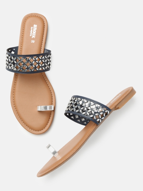 

Anouk Women Navy Blue & Silver-Toned Embellished One Toe Flats