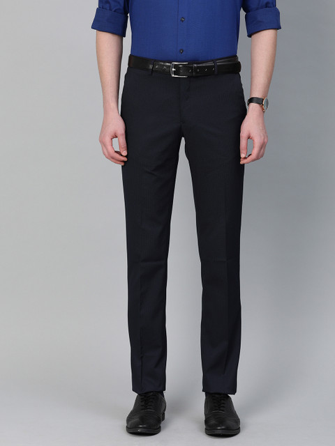 

Van Heusen Men Navy Blue Slim Fit Striped Regular Trousers