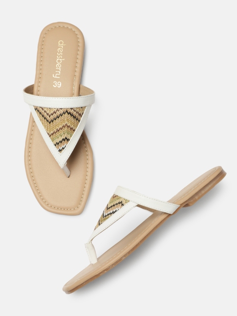 

DressBerry Women White Woven Design T-Strap Flats