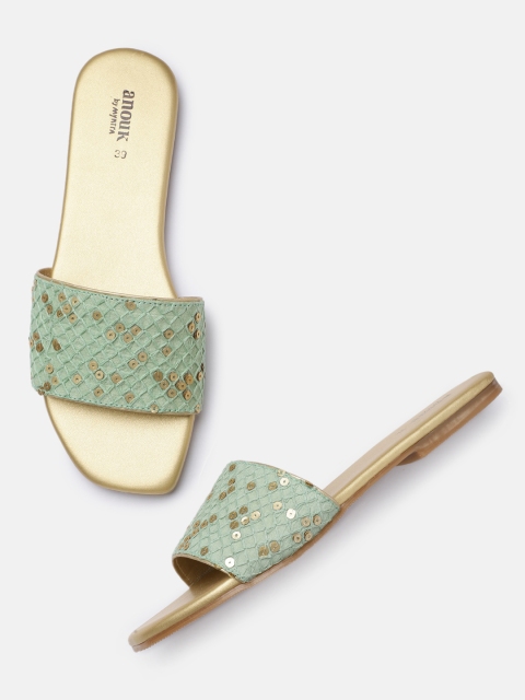 

Anouk Women Green Sequinned Open Toe Flats