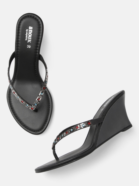 Women Black Embellished Wedges