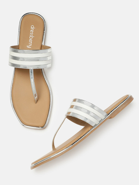 

DressBerry Women Silver-Toned & White Colourblocked T-Strap Flats