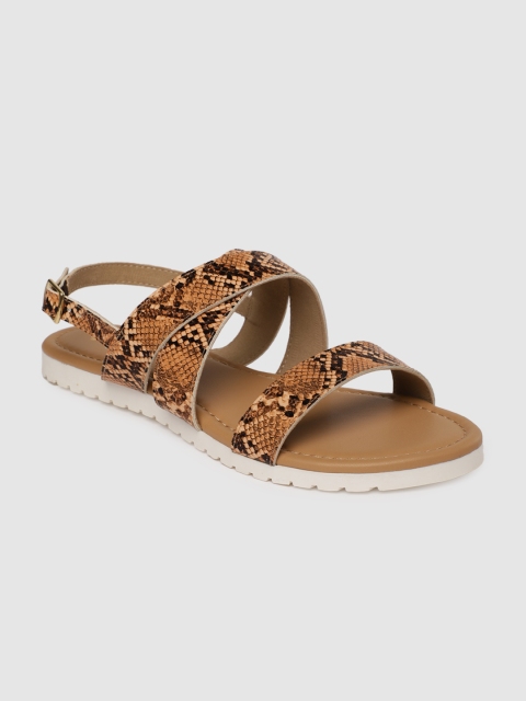 Women Brown & Black Animal Textured Open Toe Flats