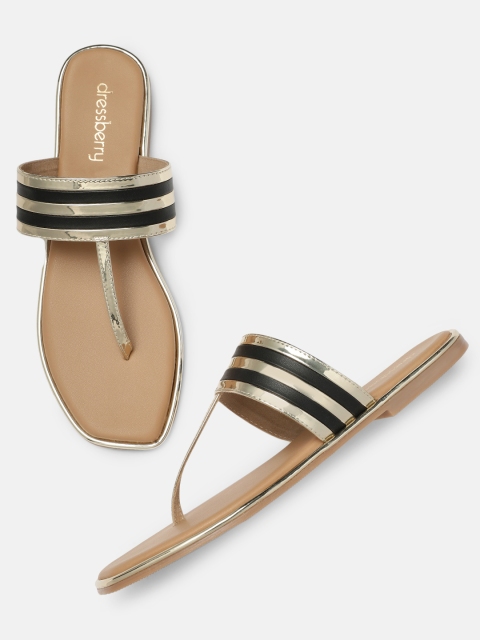 

DressBerry Women Gold-Toned & Black Colourblocked T-Strap Flats