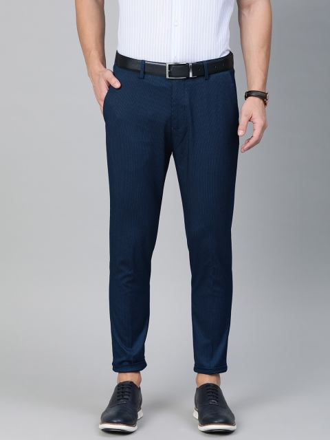 

Peter England Men Teal Green & Black Carrot Slim Fit Striped Regular Trousers