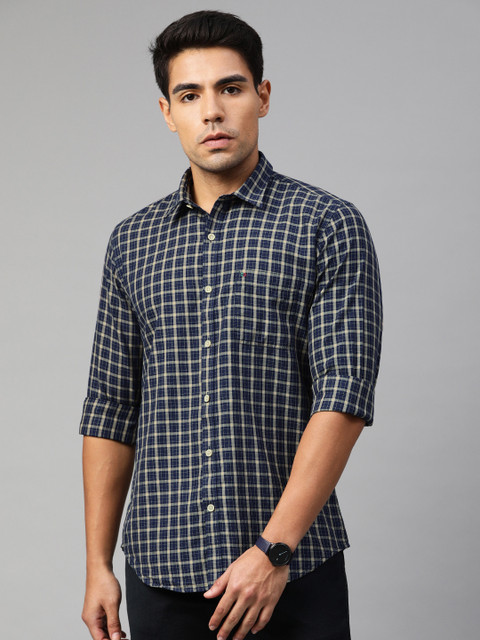 

Peter England Men Navy Blue & Beige Slim Fit Checked Casual Shirt