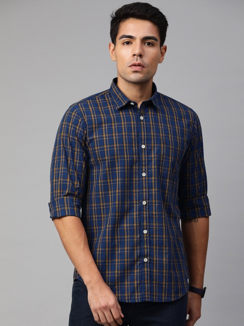 

Peter England Men Navy Blue & Mustard Yellow Slim Fit Checked Casual Shirt