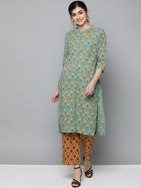 

HERE&NOW Women Blue & Mustard Yellow Printed Kurta with Palazzos