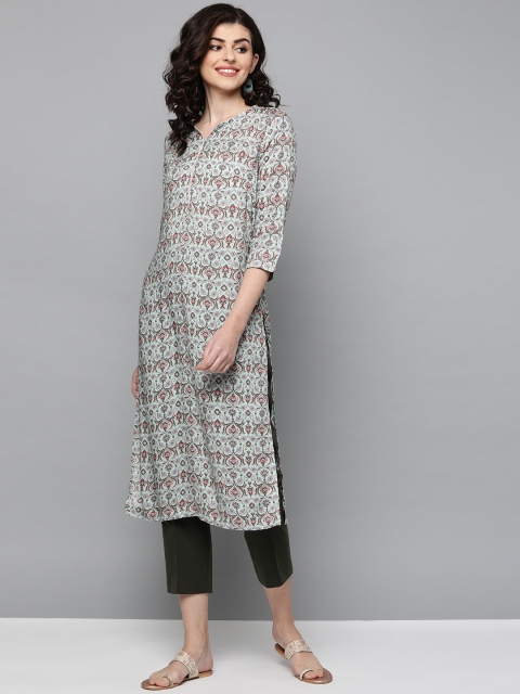 

HERE&NOW Women Green & Pink Printed Straight Kurta