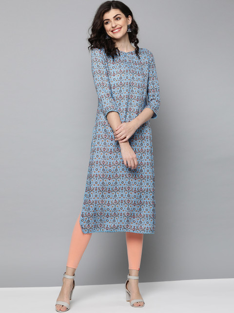 

HERE&NOW Women Blue & Brown Printed Straight Kurta