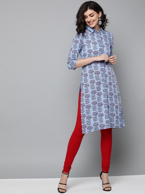 

HERE&NOW Women Blue & Black Printed Straight Kurta