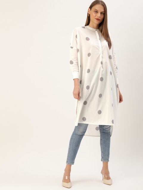 

Moda Rapido Women White & Grey Printed Straight Boxy Kurta With High Low Hem