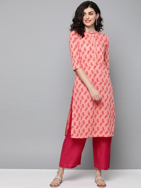 

HERE&NOW Women Peach-Coloured & Pink Printed Straight Kurta