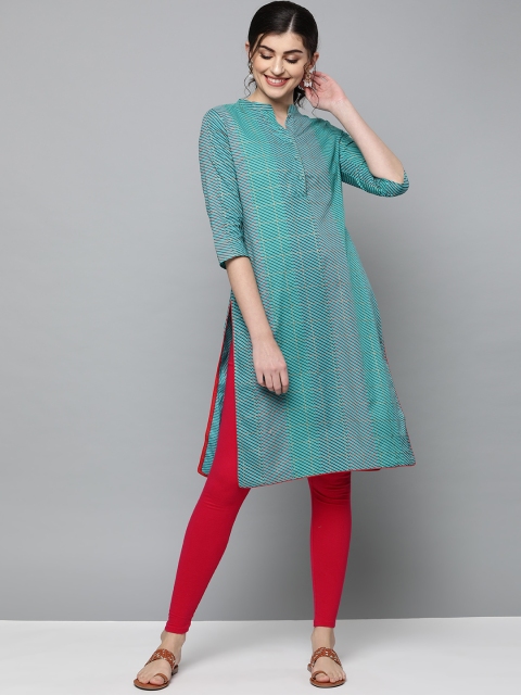 

HERE&NOW Women Green & Red Striped Straight Kurta