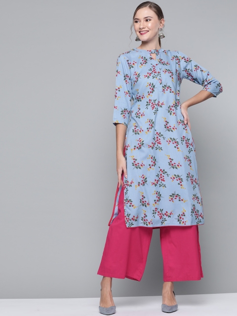 

HERE&NOW Women Blue & Red Floral Printed Straight Kurta