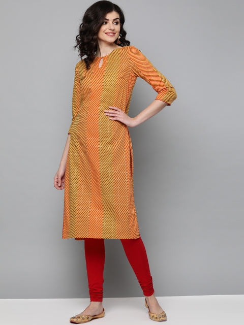 

HERE&NOW Women Mustard Yellow & Red Striped Straight Kurta