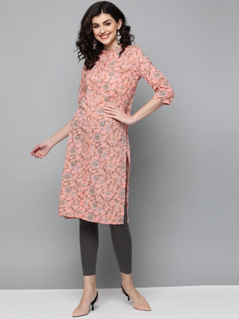 

HERE&NOW Women Peach-Coloured & Mustard Yellow Printed Straight Kurta