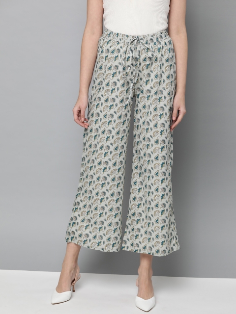 

HERE&NOW Women Green & Off-White Printed Straight Palazzos