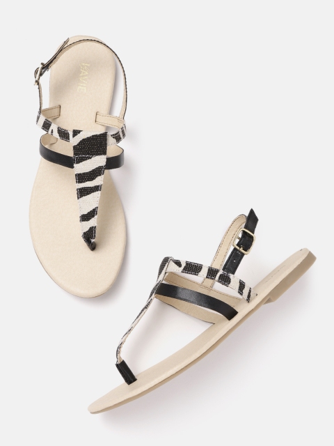 

Lavie Women Off-White & Black Zebra Striped T-Strap Flats