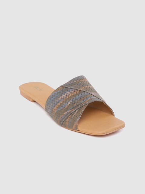 

Lavie Women Charcoal Grey & Blue Snakeskin Textured & Printed Open Toe Flats