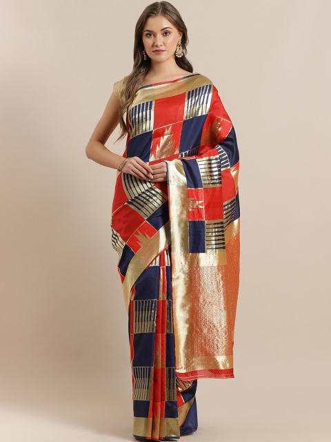 

Mitera Red & Navy Blue Zari Woven Design Saree