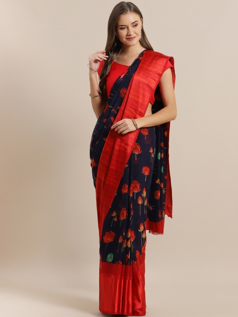 

Mitera Navy Blue & Red Printed Saree