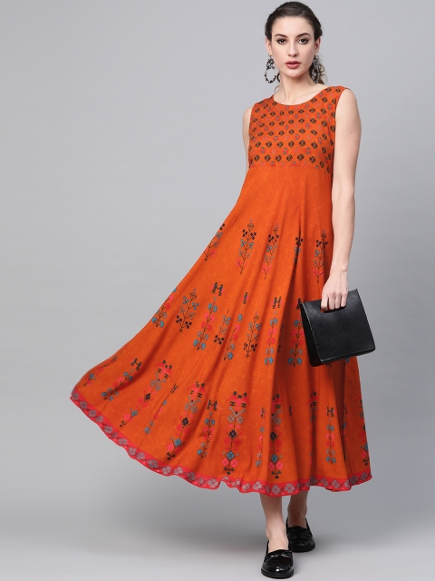 

GERUA Women Rust Orange & Navy Blue Printed Maxi Dress