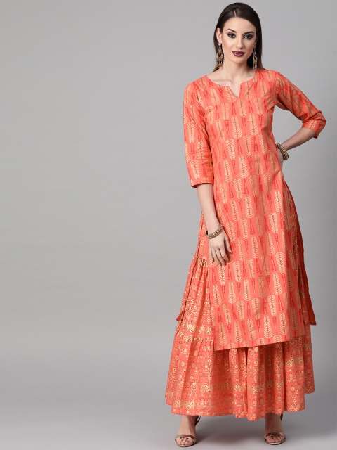 

GERUA Women Orange & Golden Black Block Printed Kurta with Skirt