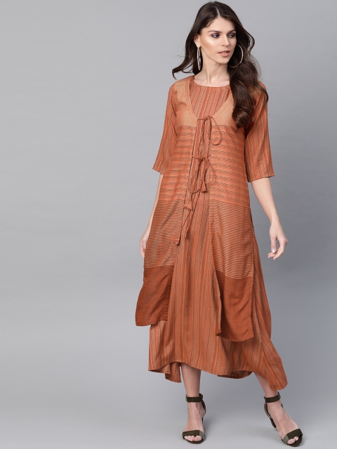 

GERUA Women Rust Orange & Beige Striped A-Line Dress with Longline Shrug