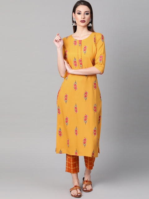

GERUA Women Mustard Yellow & Rust Orange Printed Kurta with Trousers
