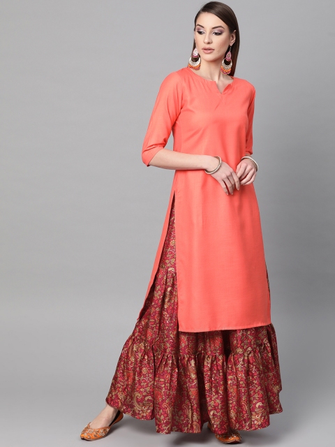 

GERUA Women Peach-Coloured & Magenta Solid Kurta with Skirt