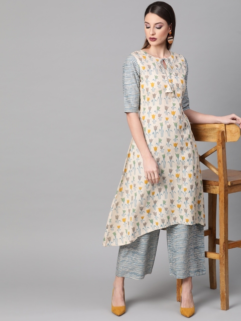 

GERUA Women Beige & Blue Printed Linen Kurta with Palazzos