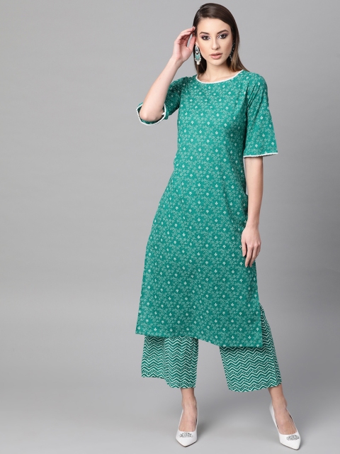 

GERUA Women Green & White Printed Kurta with Palazzos