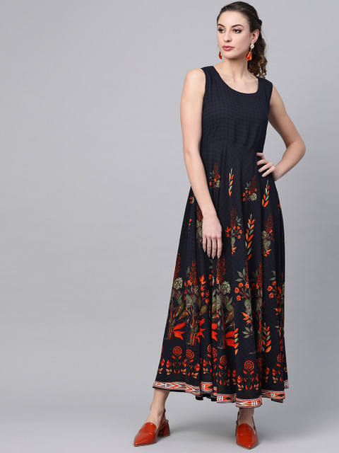 

GERUA Women Navy Blue & Orange Printed Maxi Dress