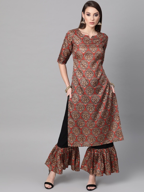 

GERUA Women Black & Rust Orange Printed Kurta with Palazzos