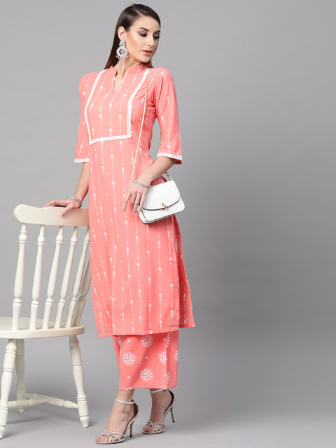 

GERUA Women Pink & White Striped Linen Kurta with Palazzos