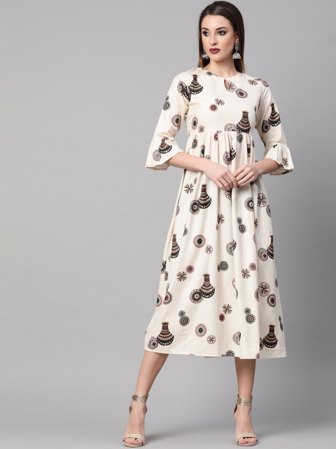 

GERUA Women Off-White & Maroon Quirky Print Empire Dress
