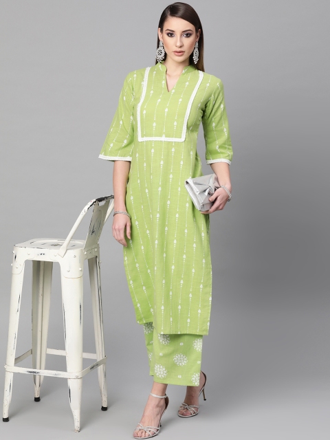 

GERUA Women Green & White Linen Printed Kurta with Palazzos