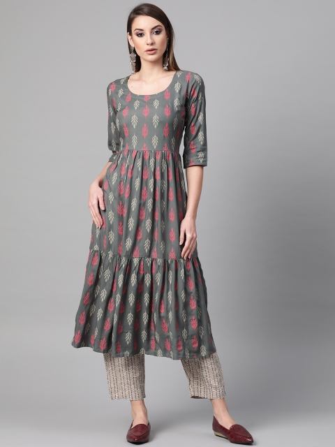 

GERUA Women Charcoal Grey & Pink Block Print Kurta with Trousers