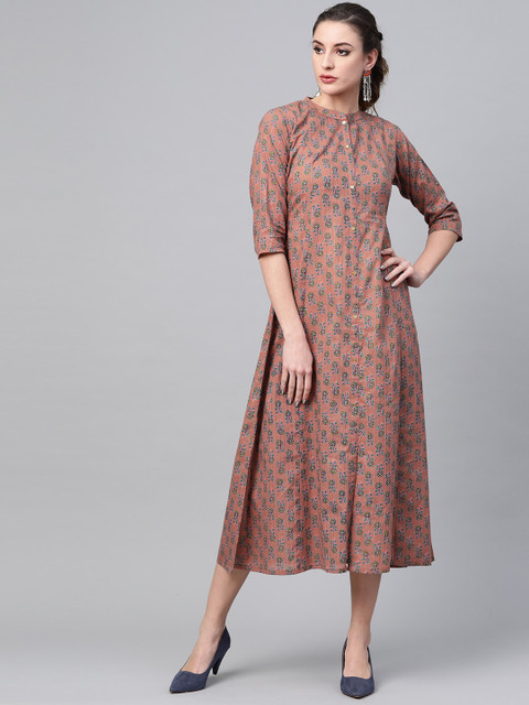 

GERUA Women Mauve & Teal Blue Printed A-Line Dress