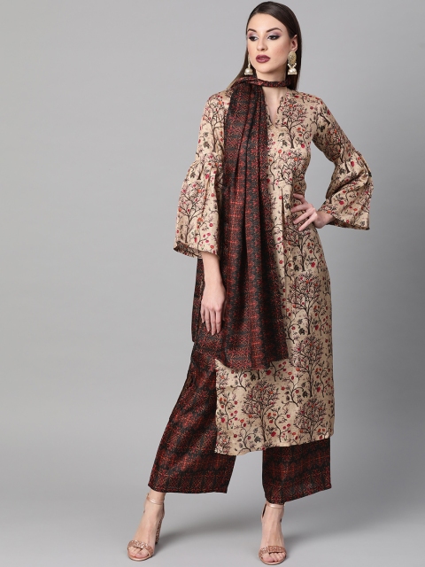 

GERUA Women Beige & Black Printed Kurta with Palazzos & Stole